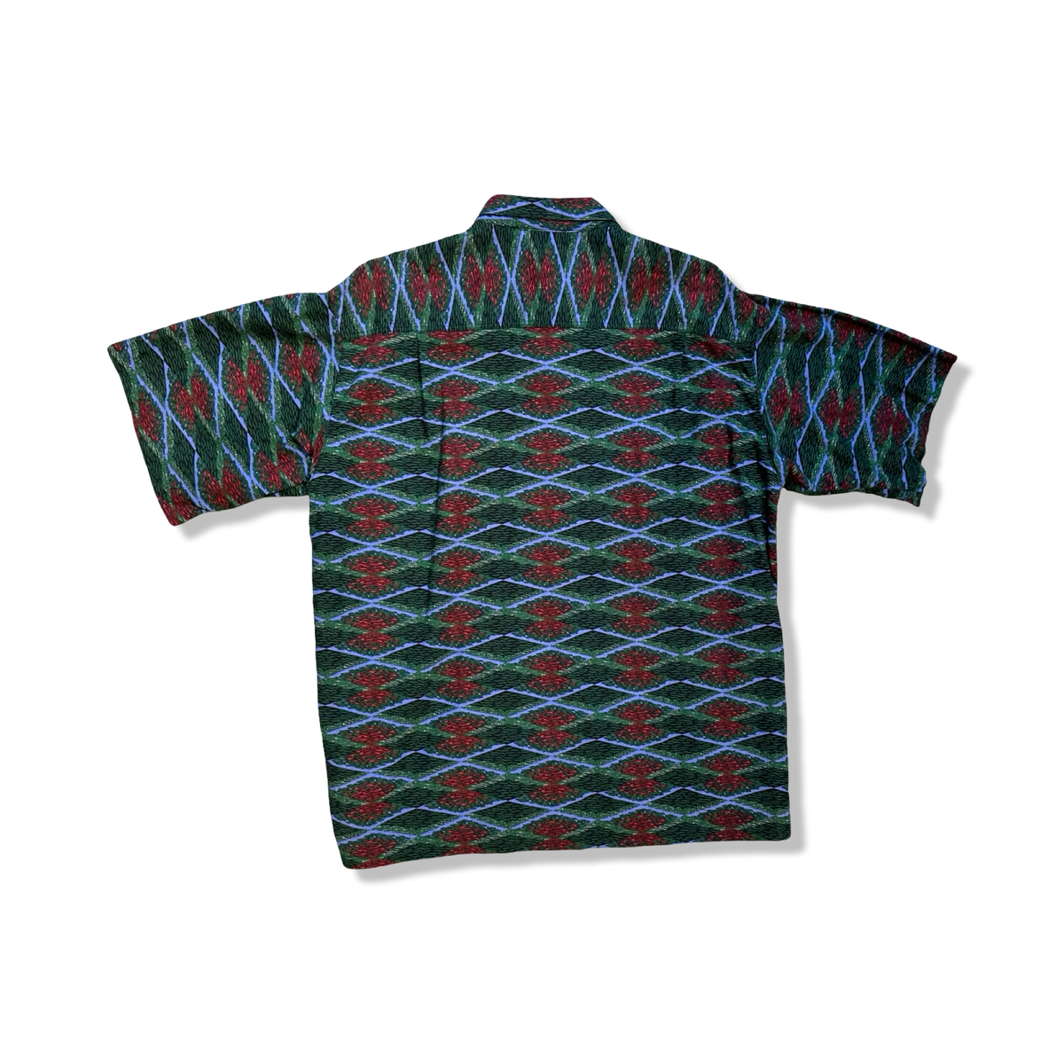 Back view of a patterned Patagonia men's short-sleeved shirt in a multicolor design, against a white background.