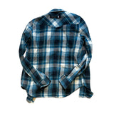 Women's blue plaid flannel shirt by Elevenate in size S, back view against a white background.