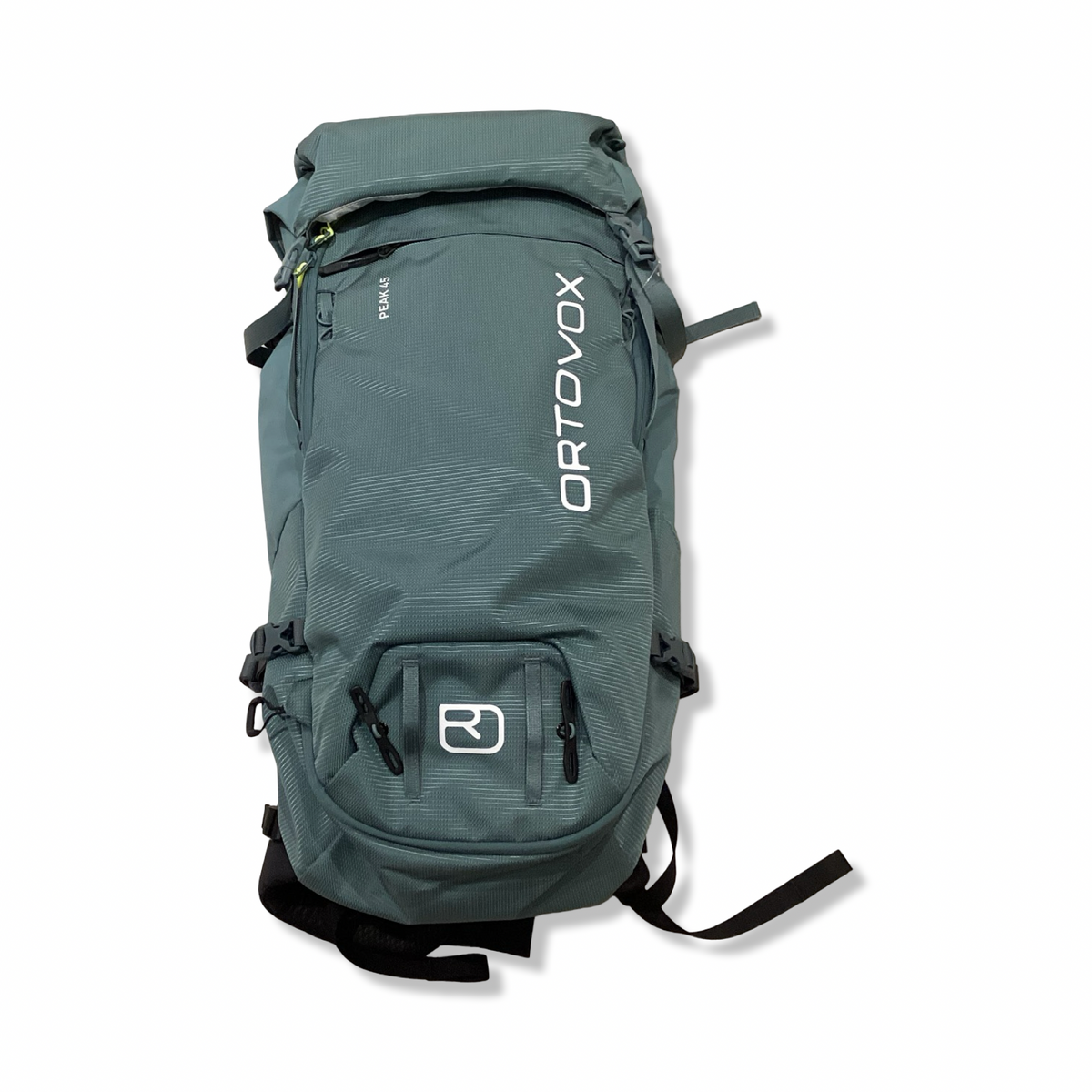 Grön ryggsäck Ortovox Peak 45 för unisex, fotograferad framifrån mot en vit bakgrund.
