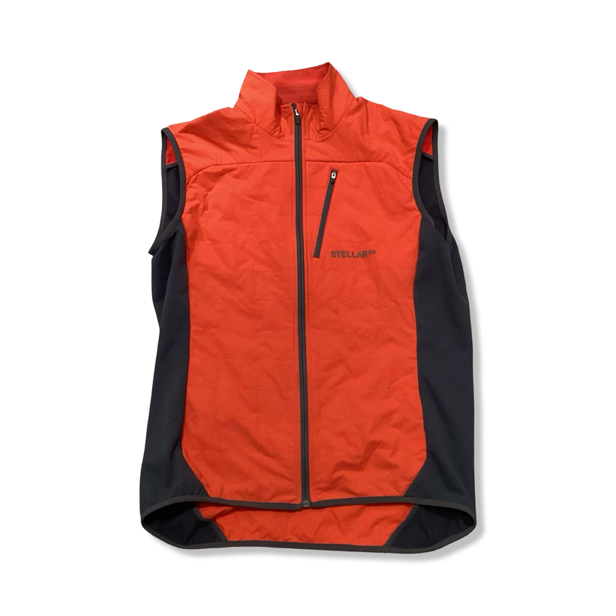 Orange Stellar Equipment men's vest with zipper, front view against a white background.