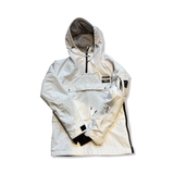 White DOPE Blizzard anorak ski jacket with black details and hood, front view against a white background.