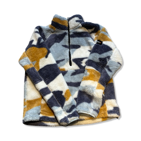 Women's Icepeak Castine pile fleece sweater in white, gray, and ochre camouflage on a white background.