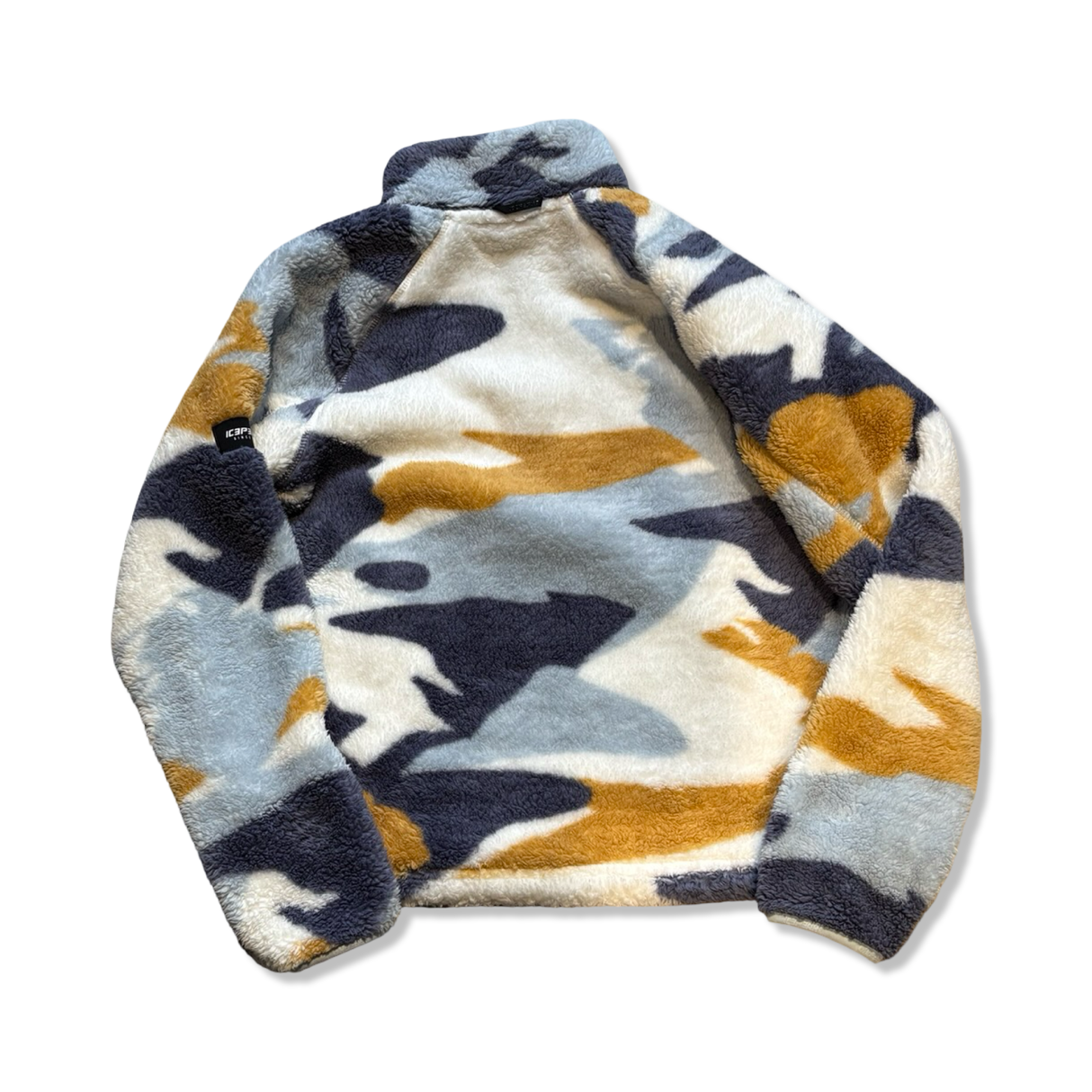 Icepeak Castine camouflage teddy fleece sweatshirt in blue, white and orange, back view on a white background.