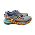 Blue and orange Merrell men's trail running shoes with laces, photographed from the side against a white background.