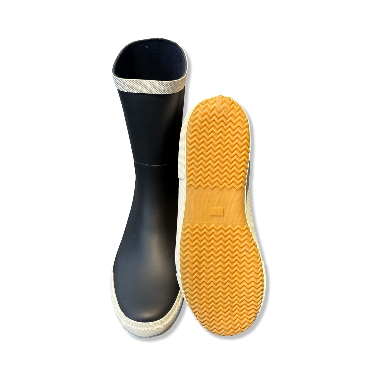 Blue and white Helly Hansen Nordvik 2 men's rubber boots, shown with the sole visible against a white background.