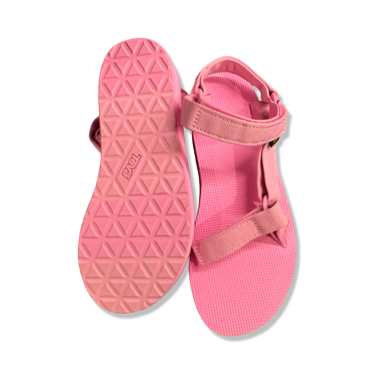 Rosa Teva Midform Universal sandaler för dam, visade från ovan- och undersidan mot vit bakgrund.
