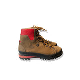 Women's Hanwag Ditto Truffle hiking boots in beige suede with red accents, side view against a white background.