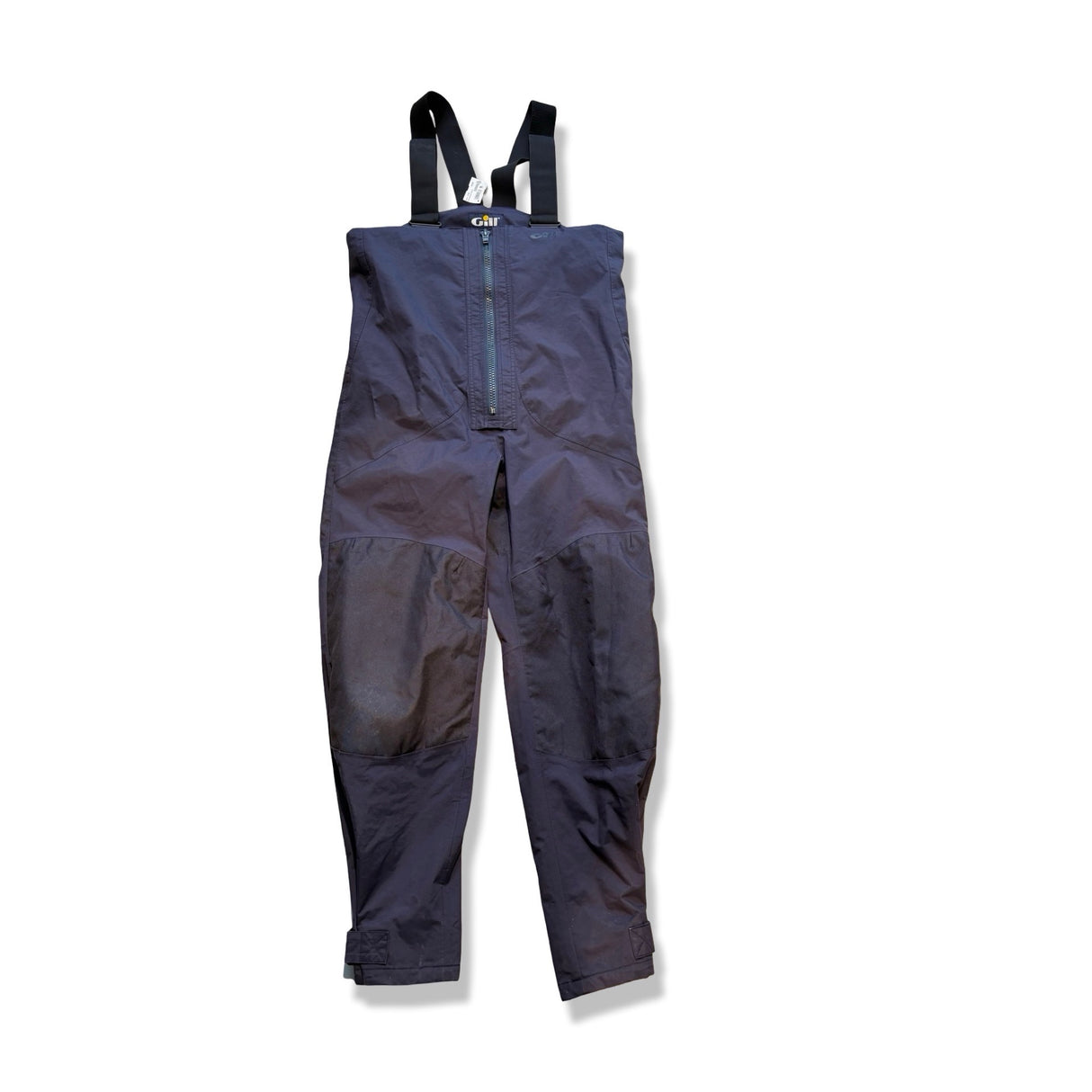 Men's navy blue Gill sailing trousers with suspenders and reinforced knees, front view against a white background.