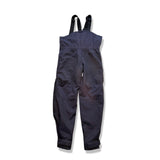 Navy blue Gill men's sailing trousers with suspenders and reinforced knees and seat against a white background.