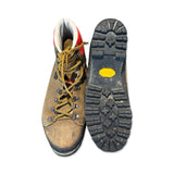 Women's Hanwag Ditto hiking boots in brown and red, displaying the top view and rugged Vibram outsole.