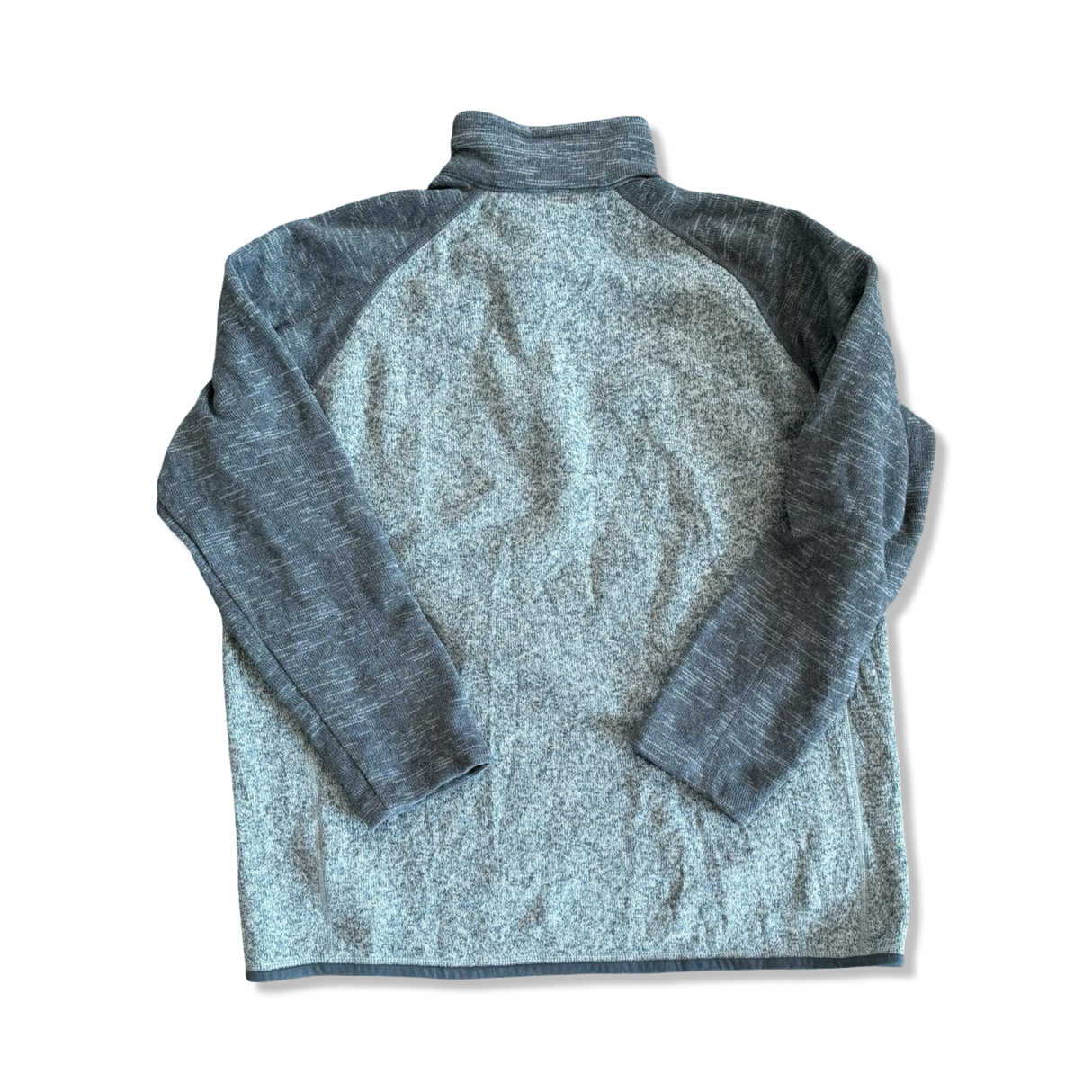 Men's grey Patagonia Better Sweater fleece jacket, back view with dark grey sleeves on a white background.