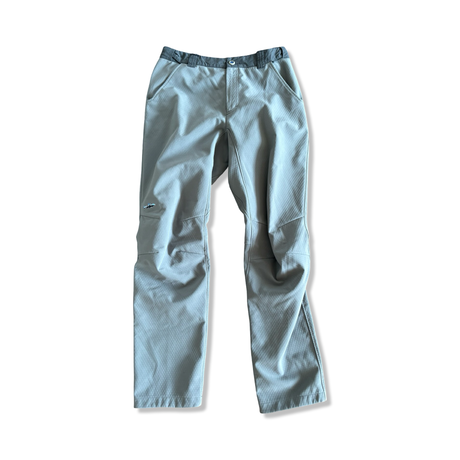 Men's grey Patagonia hiking pants in technical material, front view against a white background.