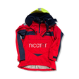 Red and dark blue men's sailing jacket from Henry Lloyd with a hood, photographed against a white background.
