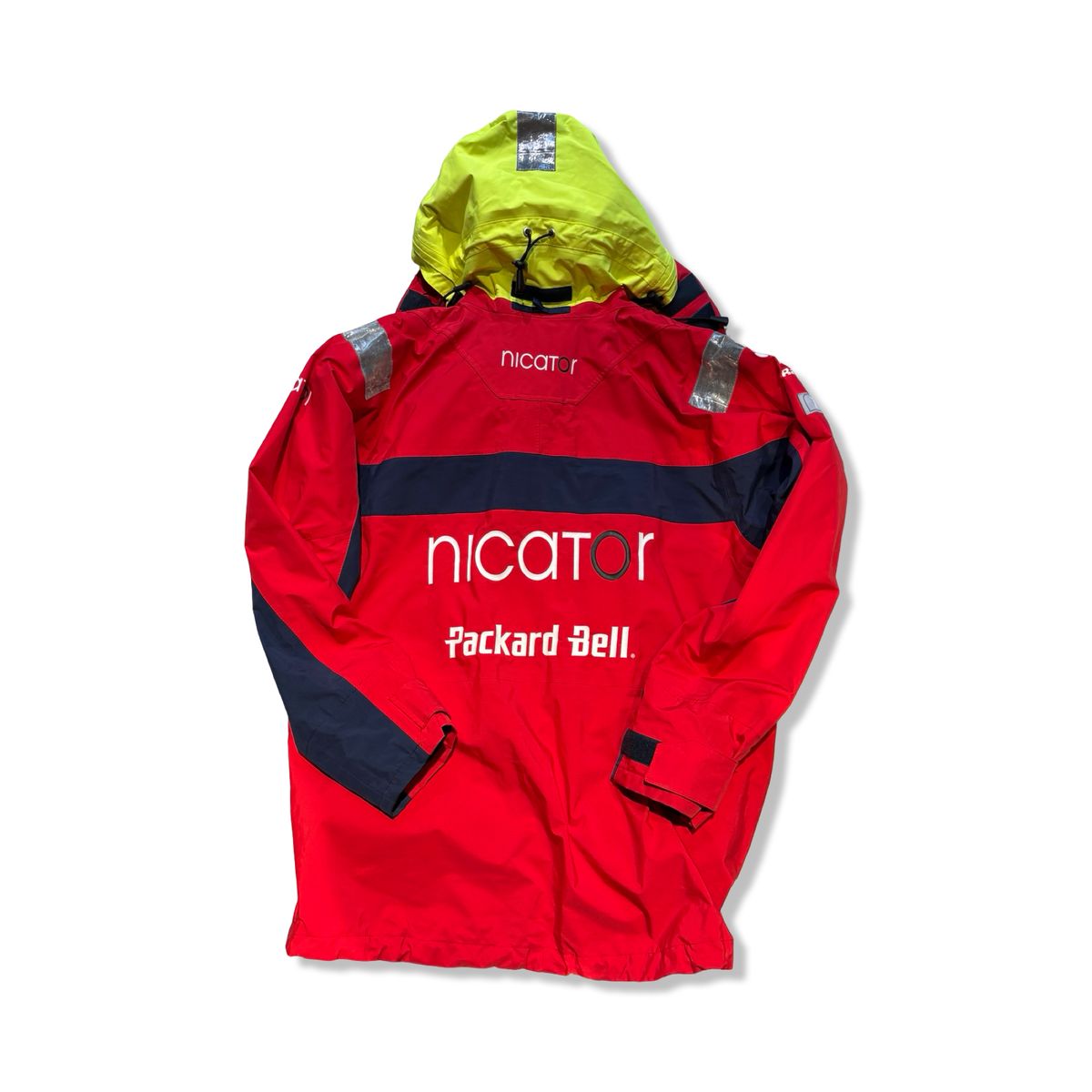 Back view of a red and navy blue Henry Lloyd men's offshore sailing jacket with a yellow hood, photographed against a white background.