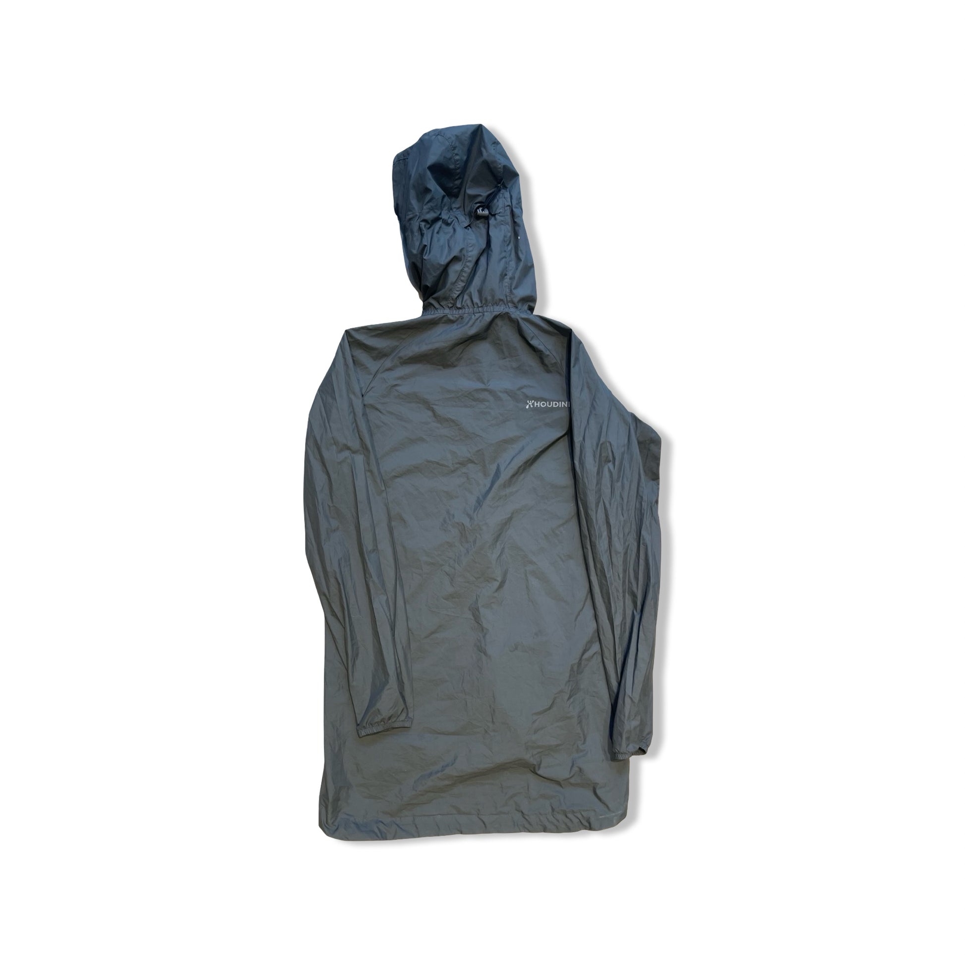 Olivgrön Houdini-parkas för dam sedd bakifrån, fotograferad mot en vit bakgrund.
