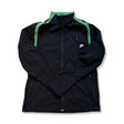 Black and green Peak Performance John L men's softshell jacket with a zipper, front view against a white background.