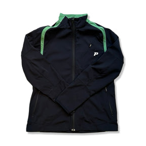Black and green Peak Performance John L men's softshell jacket with a zipper, front view against a white background.
