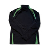 Black and green Peak Performance men's softshell jacket, back view against a white background.