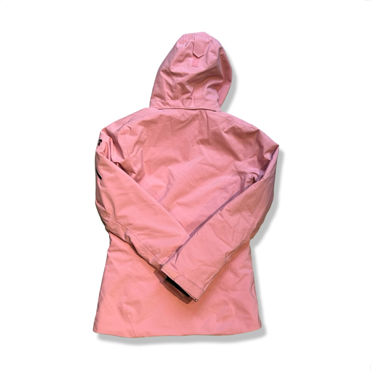 Pink Peak Performance junior ski jacket with a hood, back view against a white background.