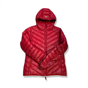 Red hooded women's down jacket from Skhoop, front view against a white background.