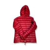 Red Skhoop women's down jacket with a hood, back view against a white background.