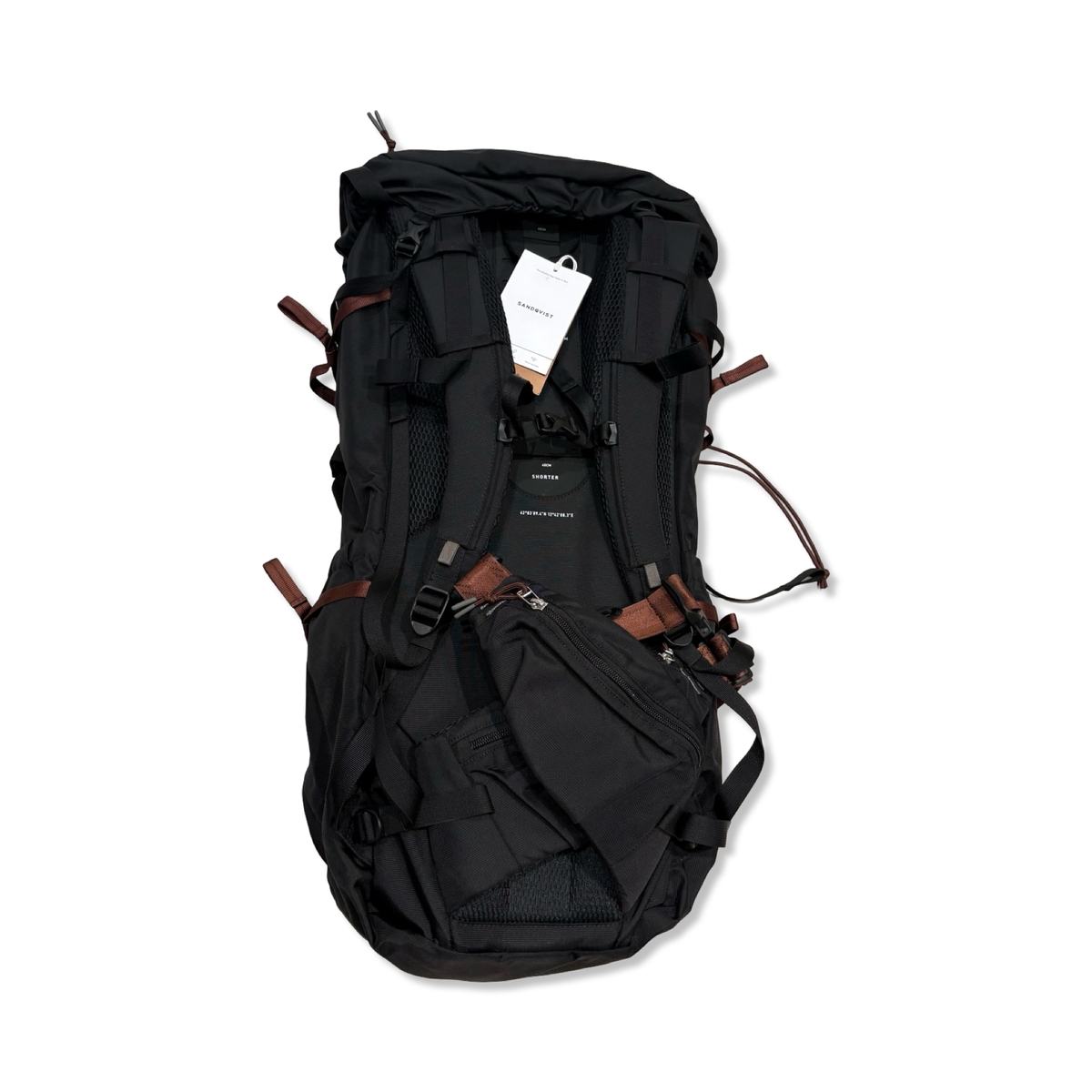 Back view of a black Sandqvist Hike Mountain hiking backpack with brown details against a white background.