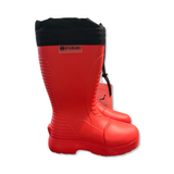 Ett par röda gummistövlar från Fubuki för dam med svart snölås i toppen, fotograferade från sidan mot en vit bakgrund.