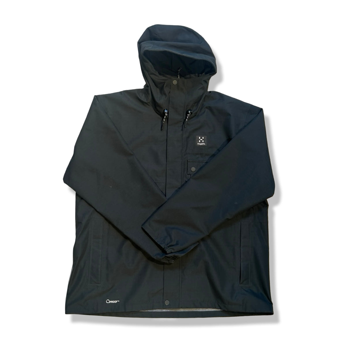 Black Haglöfs women's functional jacket with a hood, front view against a white background.