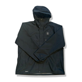 Black Haglöfs women's functional jacket with a hood, front view against a white background.