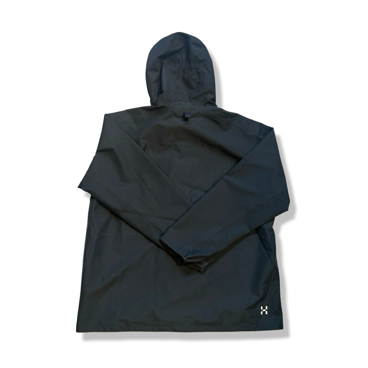Back view of a black Haglöfs women's functional jacket with a hood, photographed against a white background.