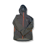 Grey Haglöfs men's hooded hybrid jacket, front view against a white background.
