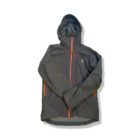 Grey Haglöfs men's hooded hybrid jacket, front view against a white background.