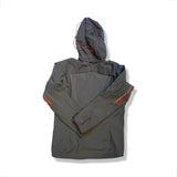 Back view of a grey Haglöfs ROCA II men's hooded hybrid jacket against a white background.