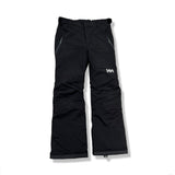 Black Helly Hansen kids' ski pants with zippered pockets, front view against a white background.