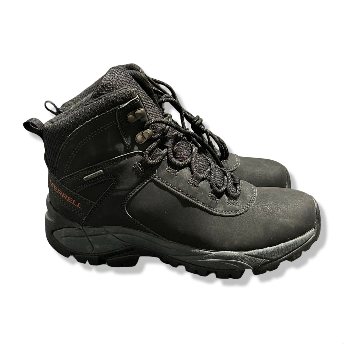 Black Merrell Vego Mid Leather Waterproof women's hiking boots, side view against a white background.