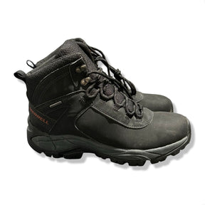 Black Merrell Vego Mid Leather Waterproof women's hiking boots, side view against a white background.