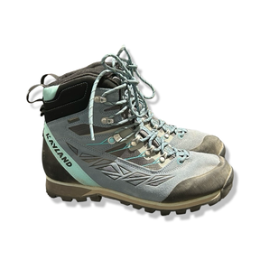 Blue and grey Kayland Legacy women's hiking boots, side view against a white background.