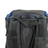 Close-up of the back panel and shoulder straps of the blue and black Blackburn HydraPak backpack, photographed against a white background.