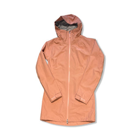 Pink The North Face women's long shell jacket with a hood, isolated against a white background.