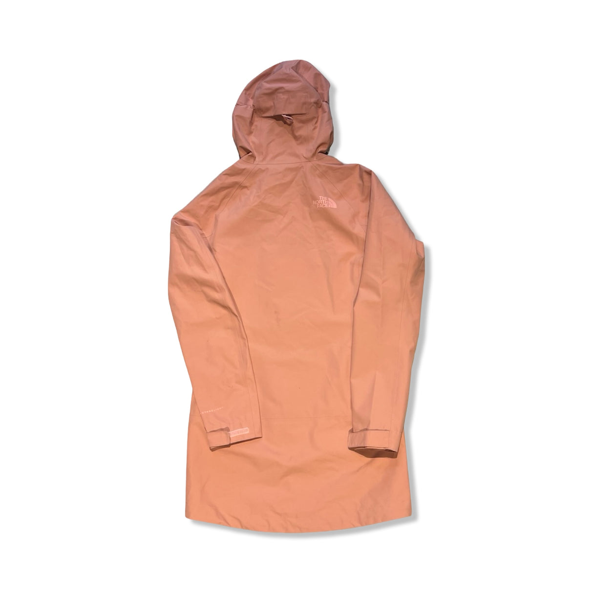 Pink The North Face women's long shell jacket with a hood, back view against a white background.