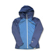 Blue two-toned Columbia women's windbreaker jacket with a hood and white zipper, isolated on a white background.