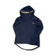 Dark blue Klättermusen women's hoodie with a high collar and hood, front view against a white background.