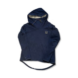 Dark blue Klättermusen women's hoodie with a high collar and hood, front view against a white background.
