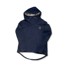 Dark blue Klättermusen women's hoodie with a high collar and hood, front view against a white background.
