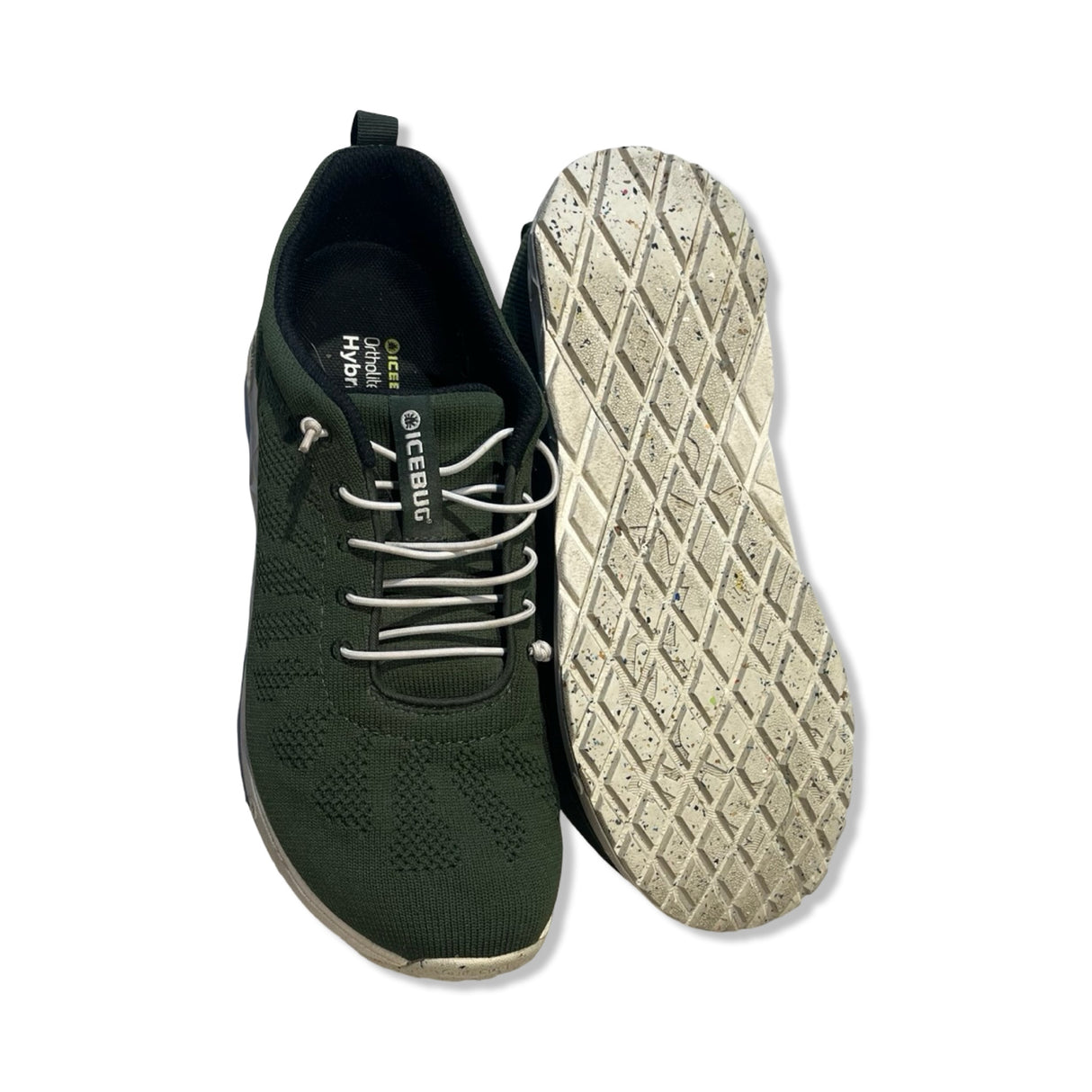 Green Icebug women's running shoes showing top and sole views against a white background.