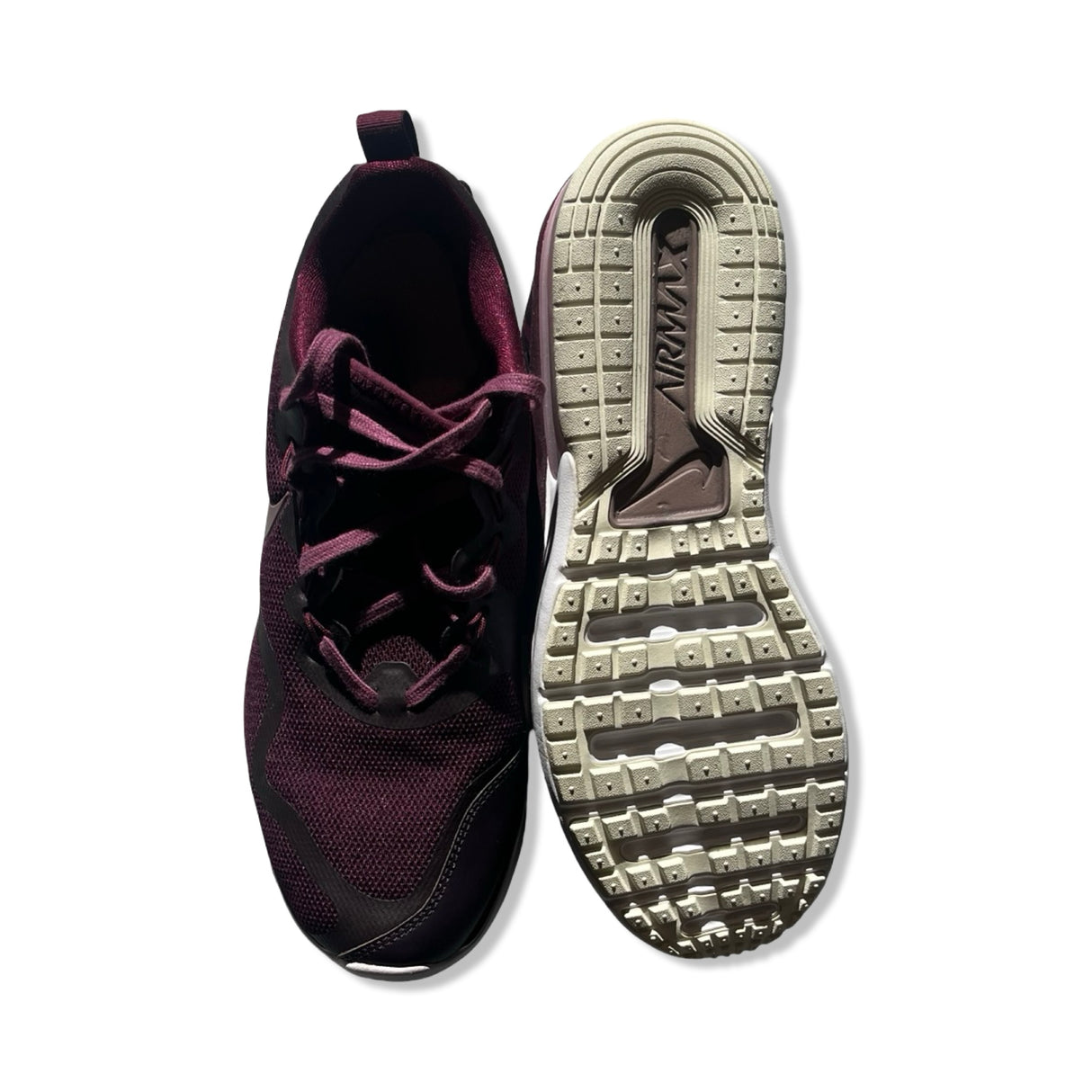 Purple Nike Air Max Fury women's training shoes, top and outsole views against a white background.