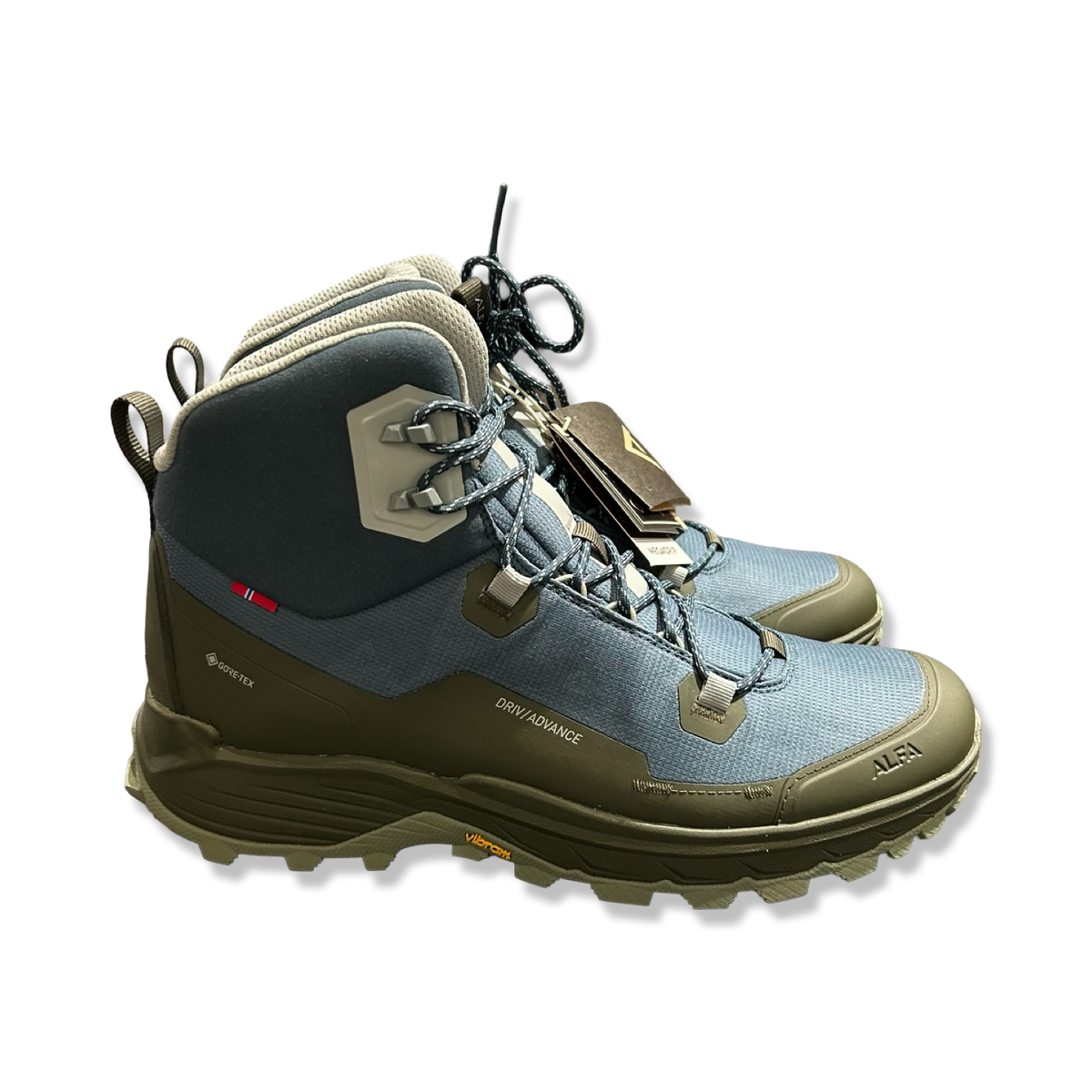 Blue Alfa Driv Advance GTX men's hiking boots, side view against a white background.