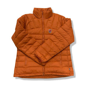 Orange Fjällräven women's Expedition Pack Down Jacket, front view against a white background.