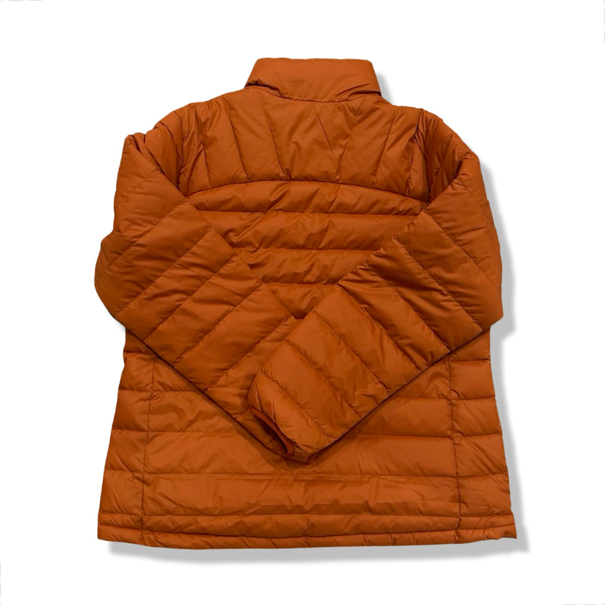 Back view of an orange Fjällräven women's down jacket against a white background.