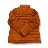 Back view of an orange Fjällräven women's down jacket against a white background.